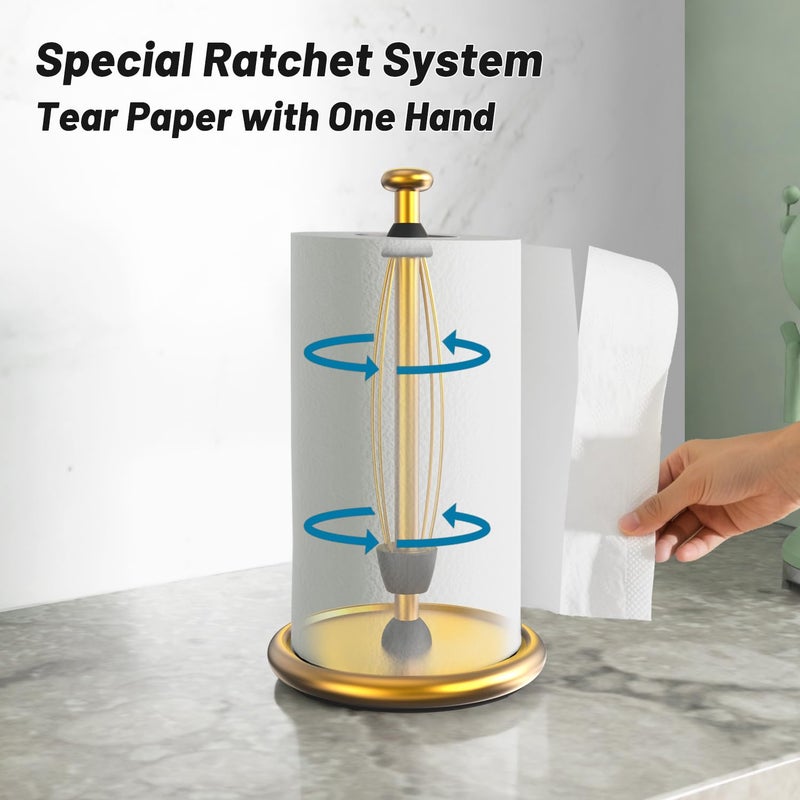 VEHHE Gold Paper Towel Holder Countertop with Weighted Base, One-Handed Tear Kitchen Towel Holder with Damping Function and EVA Non-Slip Pad for Bathroom - Image 2